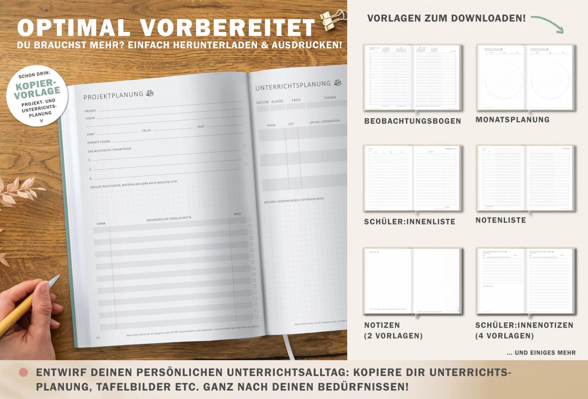 Terminkalender für Lehrerinnen & Lehrer, Schuljahr 2024 2025, mit Stundenplan, Klassenliste und Planungshelfer